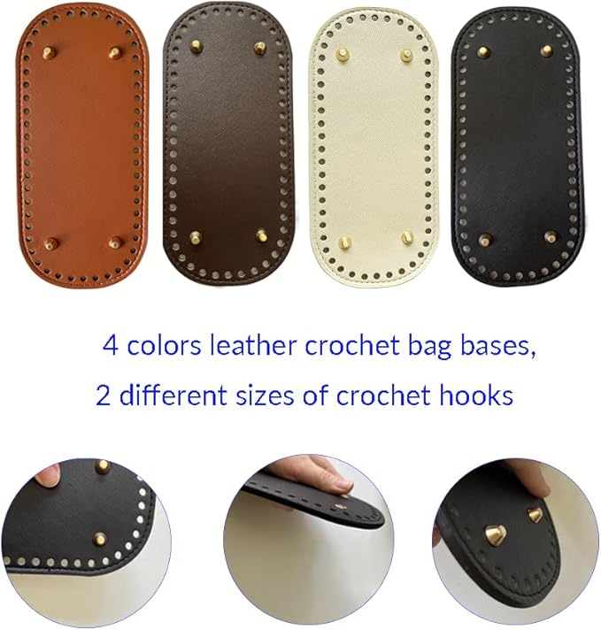 TQFXGLL 14 Pcs Leather Crochet Bag Making Kits, 4 Colors Bag Bases, Round and D Shape Purse Handles with 2 Sizes Crochet Hooks for DIY Purses Bags Craft Making