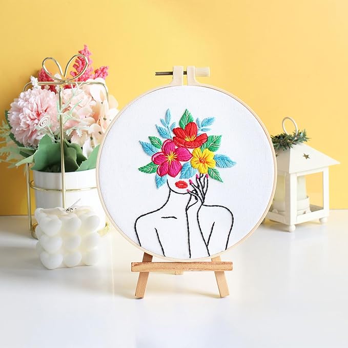 Louise Maelys Floral Embroidery Kits for Beginners,Woman Flowers Pattern Cross Stitch kit for Adults,DIY Needlepoint for Starters,Including Hoop,Instruction and Threads