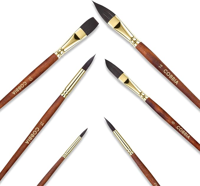 Watercolor Brushes, Paint Brushes for Artists 6pcs - Pointed Rounds Cat Tongue Oval Wash Dagger for Watercolor Gouache Acrylic Inks Painting