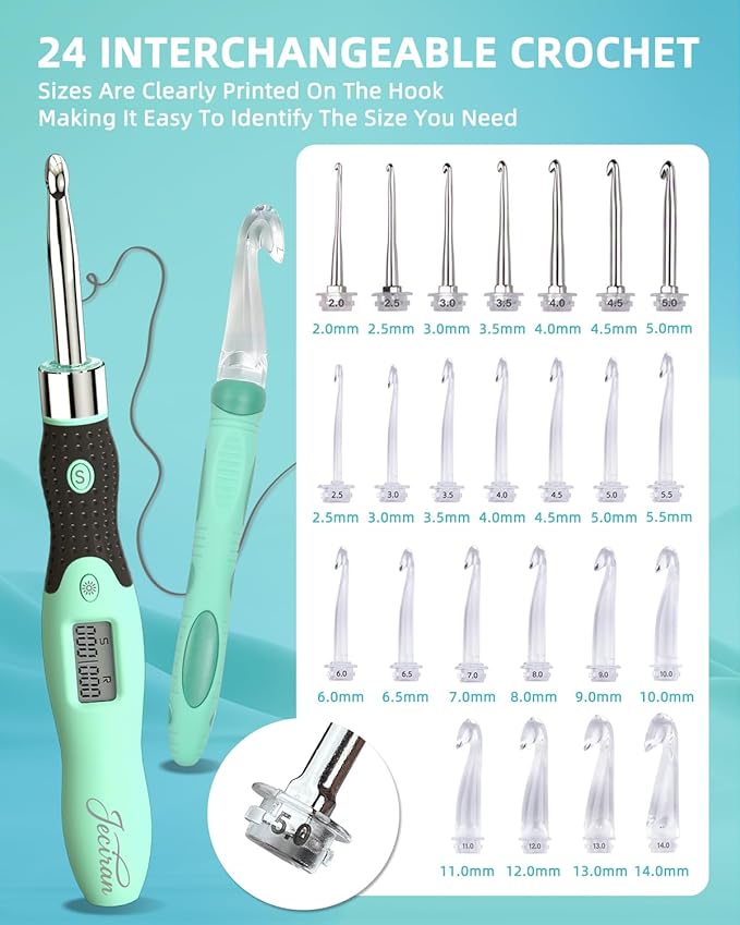 Upgraded Lighted Crochet Hooks Set with 24 Interchangeable Heads-Rechargeable Counting Crochet Hook Set-No Need to Move Fingers-Ergonomic Digital Crochet Hook for Arthritic Hands