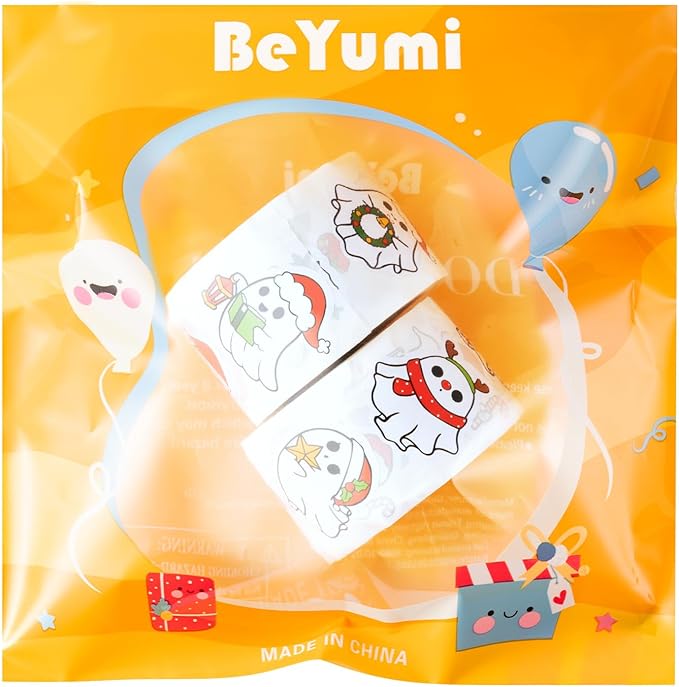 beyumi christmas cute ghost stickers - 1000pcs christmas cute ghost rolled stickers in 2 rolls xmas red santa hat boo adhesive waterproof vinyl decals holiday party school envelope scrapbooking decor