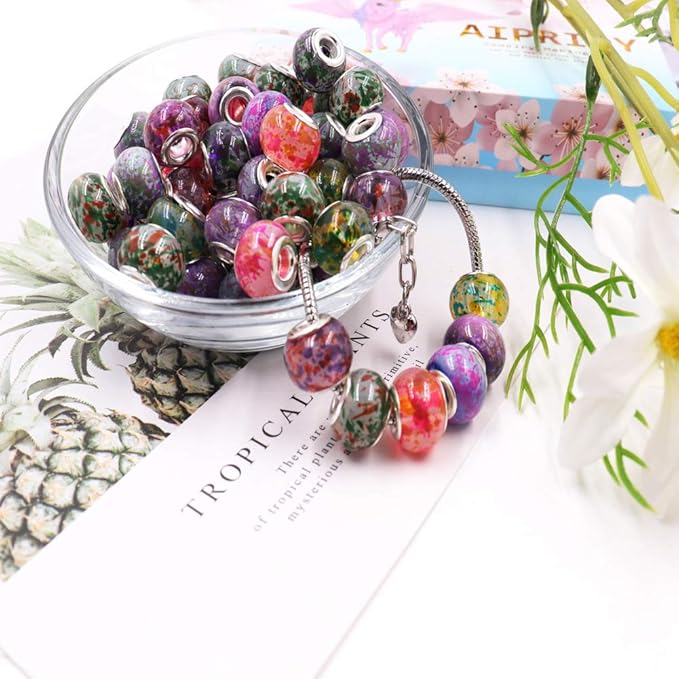 AIPRIDY 100Pcs 15x11mm Painting Murano Large Hole Glass Beads Mix Color with Silver Brass Cores European Charm fit Bracelet Necklace (Opaque Double Color)