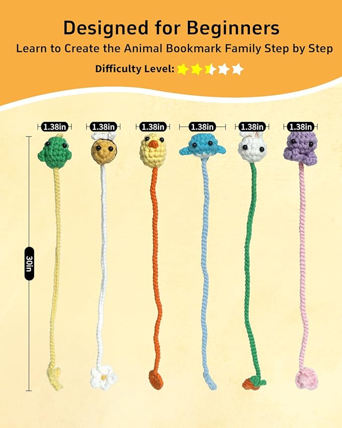 Fortilo Crochet Kit for Beginners 6PCS Crochet Animals Bookmarks with Step-by-Step Video Tutorials 30% Extra Yarn, Perfect for Gifts, Emotional Support, Ideal Knitting Kit for Adults, Kids