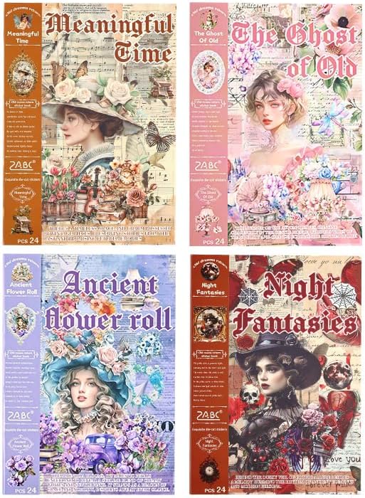 4 Different Goth Themes Sticker Pad,Vintage and Goth Aesthetic Washi Stickers Book, Die-Cut Sticker Book for Phone Scrapbook Junk Journal Collage DIY Crafts