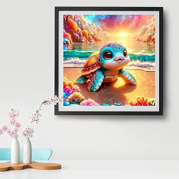 Turtle Stamped Cross Stitch Kits for Adults Beginner, Setting Sun Cross Stitch Kits Printed Stitching Patterns Dimensions Needlepoint Art Crafts Embroidery Kits for Adults Beginners 14x14 inch ﻿
