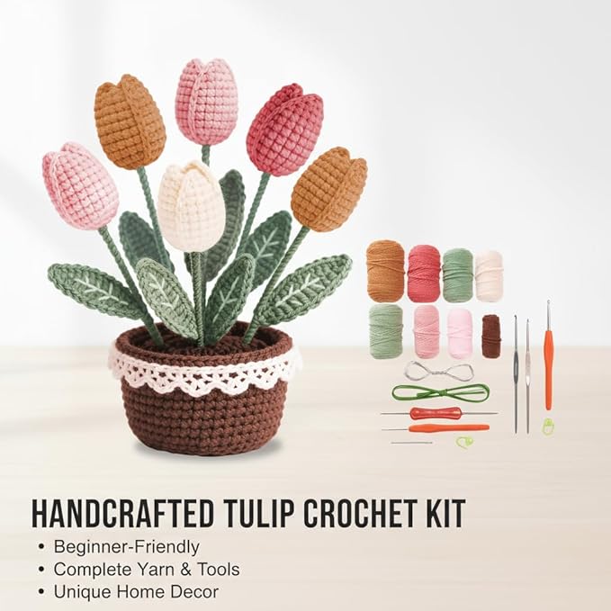 ADDZRZR Tulip Crochet Plants Kit for Starters, Complete Easy Crochet Set for Beginners Adults with Step-by-Step Tutorials, Unique Friend Gifts for Women