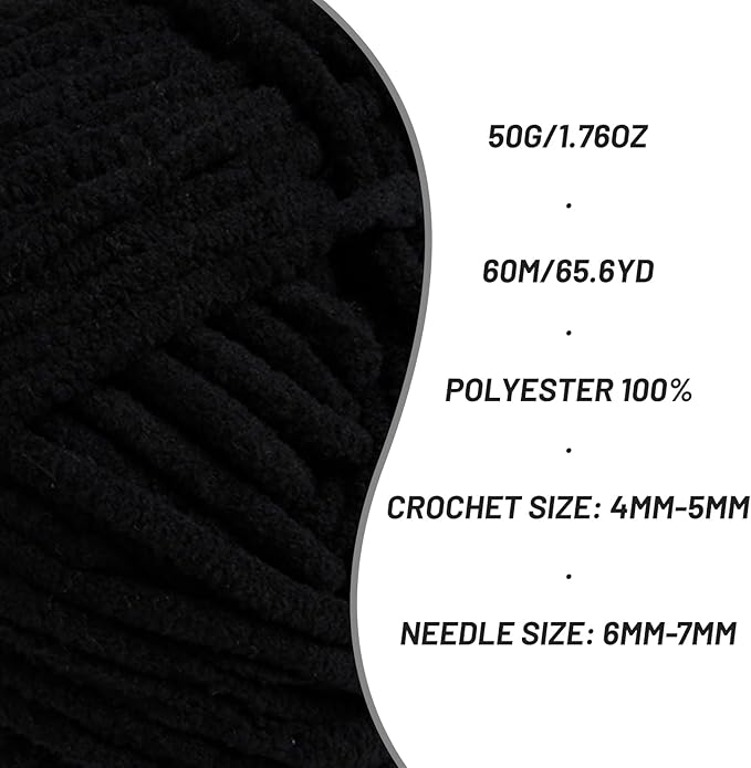 3 Packs Plush Chenille Chunky Crochet Yarn - Baby Yarn for Crocheting Soft - Velvet Yarns Knitting for Blankets Crafts - Fluffy Amigurumi Yarns 150g / 196.8yds (3 Black)