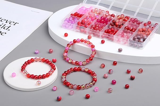 DUQGUHO 8mm Red Beads for Jewelry Making Red Glass Beads for Bracelets Crystal Glass Round Beads Bulk Bead Bracelet Kit 360PCS