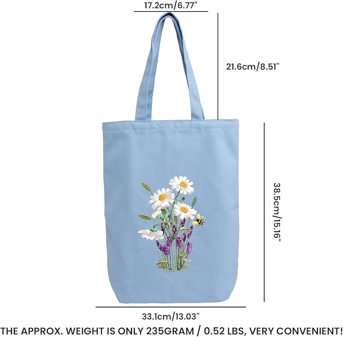 Canvas Tote Bag Embroidery Kit with Pattern for Beginners, Arts and DIY Embroidery Crafts Kits for Adults, Instructions, Embroidery Hoops, Color Threads (lightblue, CR002 huaxiangyiren lightblue)