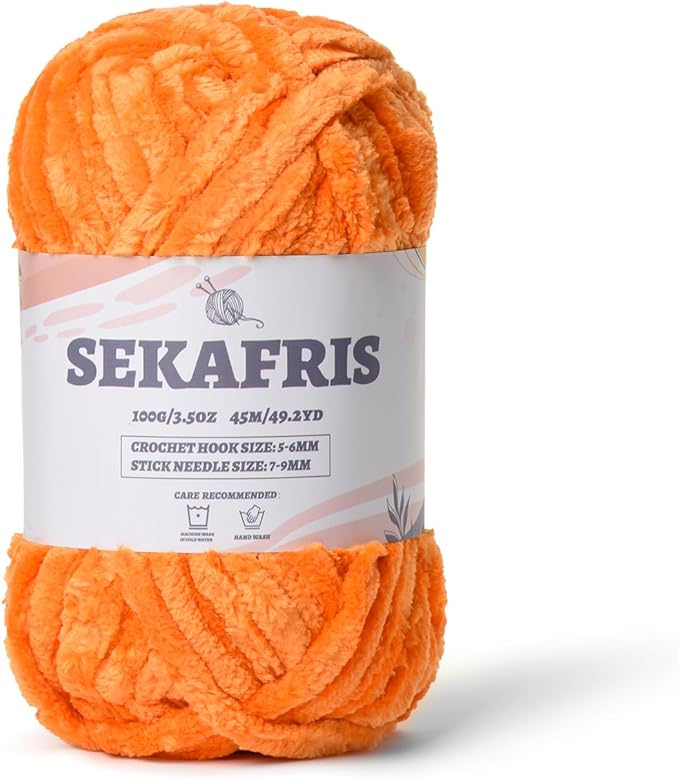 Fuzzy Chenille Yarn for Crocheting & Knitting - Soft Plush, Bulky 100g (49.2yd), Baby Blanket & Amigurumi Yarn - Crochet Fluffy Velvet (Orange)