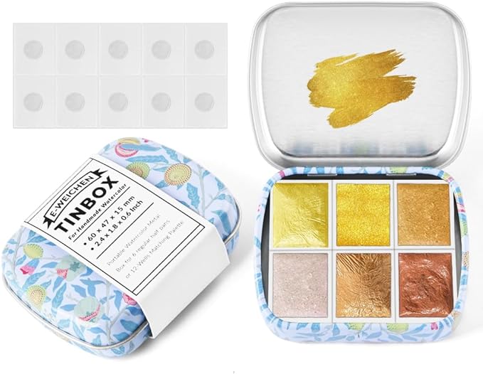 Art Supplies Handmade Watercolor Paint Set - 6 Metallic Gold Colors Half Pans Glitter Solid Water Color- Metal Case Sparkle Pearlescent Watercolour for Artists. White Gold