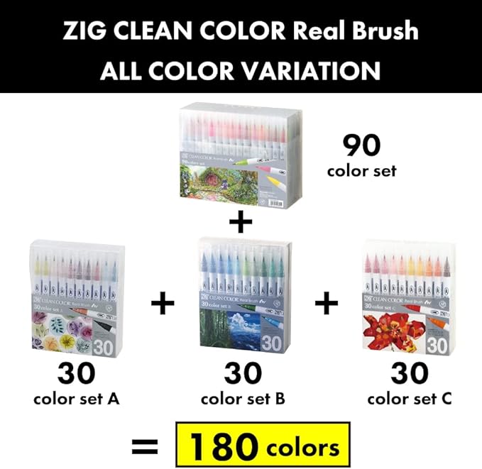 Kuretake ZIG Clean Color Real Brush, 30 colors set C, Flexible Brush Tips, Watercolor Pens for Painting, Drawing, Calligraphy and Brush Lettering for Artists, Made in Japan