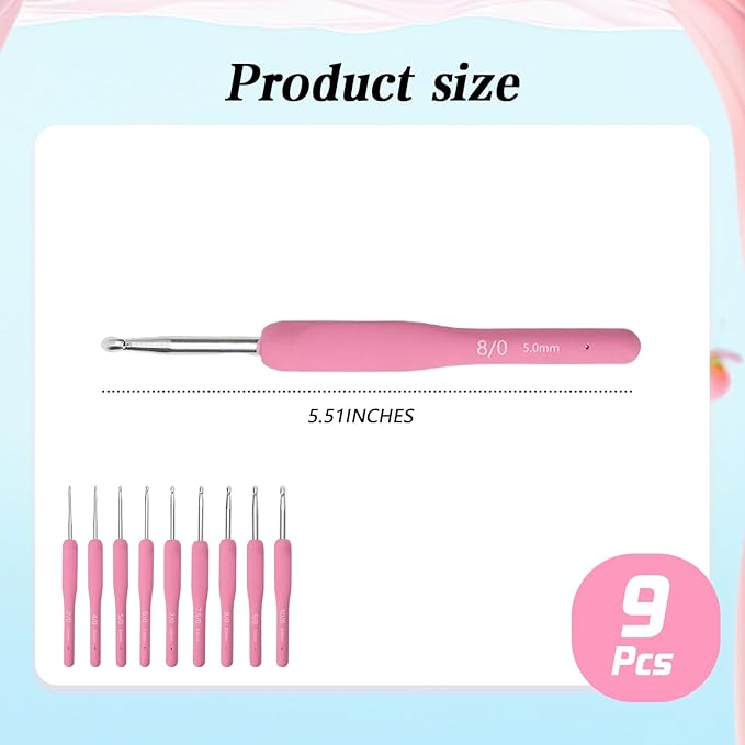 9 Size (2.0mm-6.0mm) Pink Ergonomic Crochet Hooks Set Case Crochet Needles with Soft Comfort-Grip Handles for Beginners Arthritic Seniors Hands