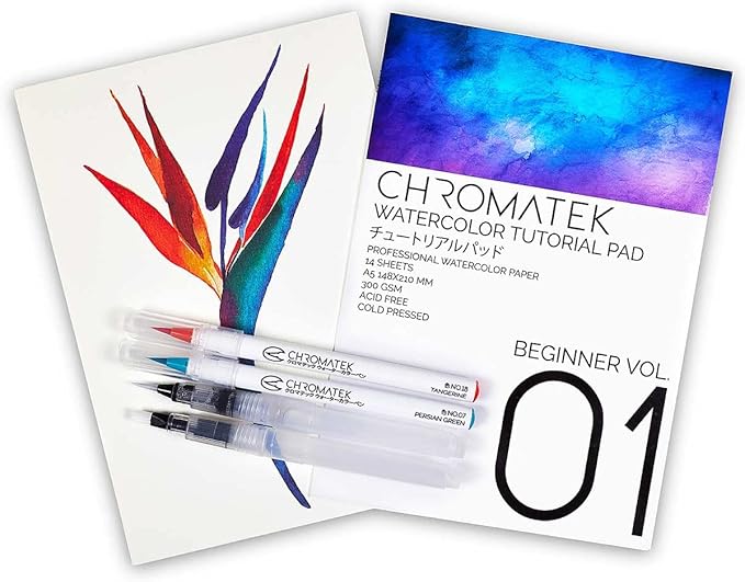 CHROMATEK 54 Watercolor Pens Set | Including 15 Page Pad & Online Video Tutorial Series | 4 Aquapens & 50 Unique Colors | Brush Pens | Easily Blendable, Vivid, Smooth | Professional Art Supplies