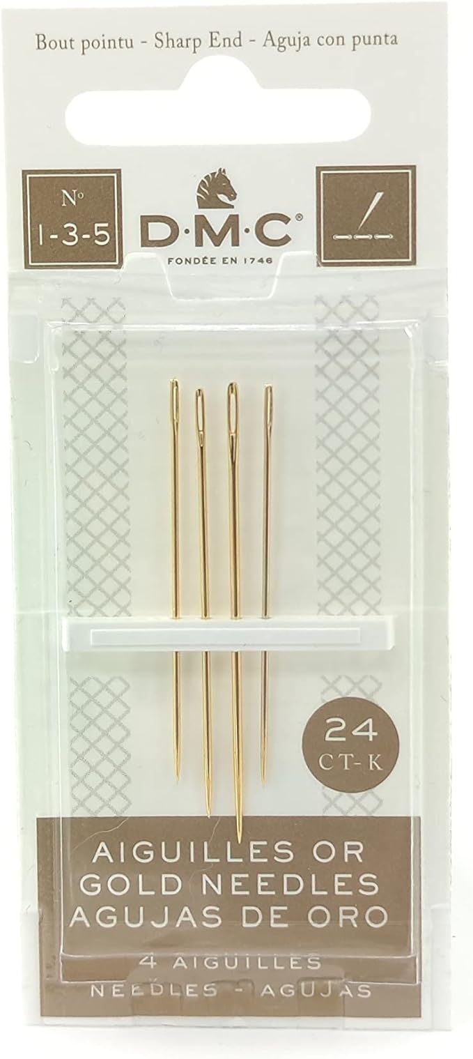 DMC Gold Embroidery Hand Needles (1-3-5-7-8-9 Bundle Pack), Large Eye Sharp End Embroidery and Cross Stitch Needles with Maker Susan Thread Organizer Card (Total 8 Needles, 1 Organizer Card)