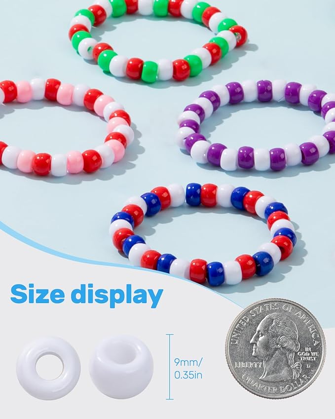 1000+ Pcs Pony Beads, White Kandi Beads for Bracelet Making, Hair Braids, Necklaces, Key Chains, Jewelry
