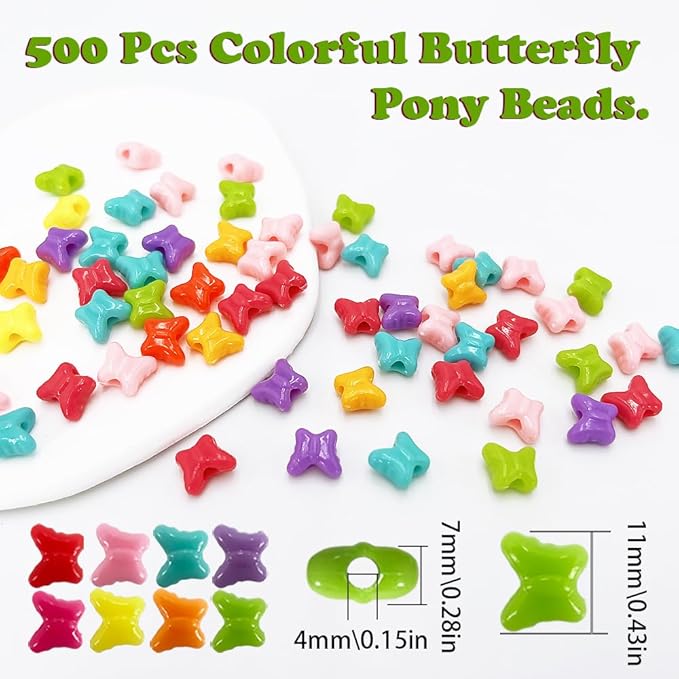 MIIIM 500 Pcs Colorful Butterfly Pony Beads Shapes for Friendship Bracelet, Large Hole Kandi Beads for Hair Braids, Jewelry Making (Multi-Colored)