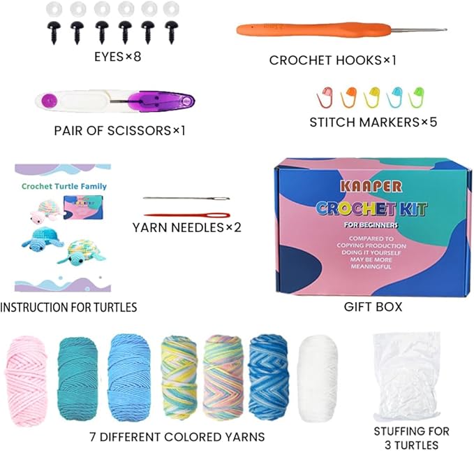 Kaaper Crochet Kit for Beginners Adults and Kids, Beginner Crochet Animal Kit Turtles Family Kit 3 pcs, Crochet Starter Kit & Knitting Supplies with Step-by-Step Video (Turtles Family)