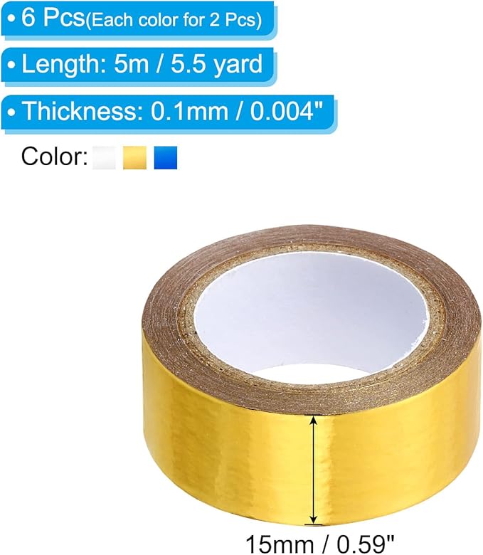 PATIKIL Metallic Washi Tape 15mm x 5m, 6 Pack Art Paper Mirror Masking Foil Sticker Self-Adhesive for DIY Art Craft Wrapping Wedding Decoration, Gold Tone, Silver Tone, Blue
