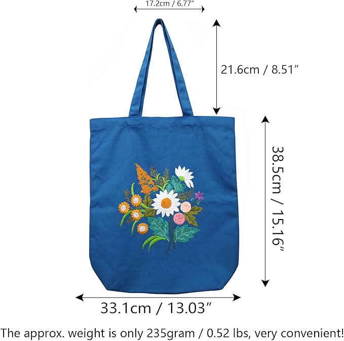 Canvas Tote Bag Embroidery Kit with Pattern for Beginners, Arts and DIY Embroidery Crafts Kits for Adults, Instructions, thimble, Embroidery Hoops, Color Threads (darkblue, CR002 chenhuicaoxin)