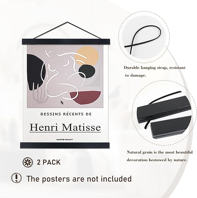 2 Pack Magnetic Poster Hanger Frame, 22x34 22x28 22x30 Light Wood Wooden Magnet Canvas Artwork Print Dowel Poster Hangers Frames Hanging Kit (Black, 22",2 Packs）