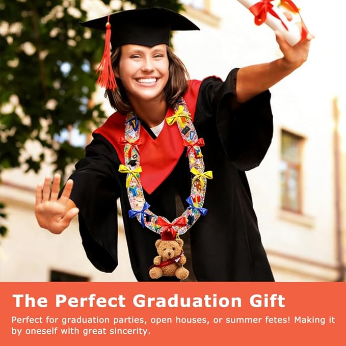 Candy Leis for Graduation 2026, Making Kit Supplies Tubing Grad Leis for Graduation Candy Necklace with 3 Color Ribbons Handmade Decoration Kit, Grad Party Gift for Graduates(Red, Yellow, Blue)