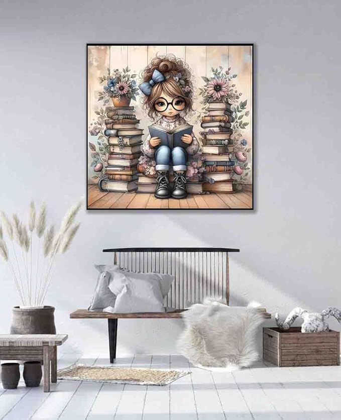 girl cross stitch kits for adults beginner,book flower counted cross stitch kits printed stitching cute patterns dimensions needlepoint art crafts embroidery kits for adults beginners (13.7x13.7 inch)