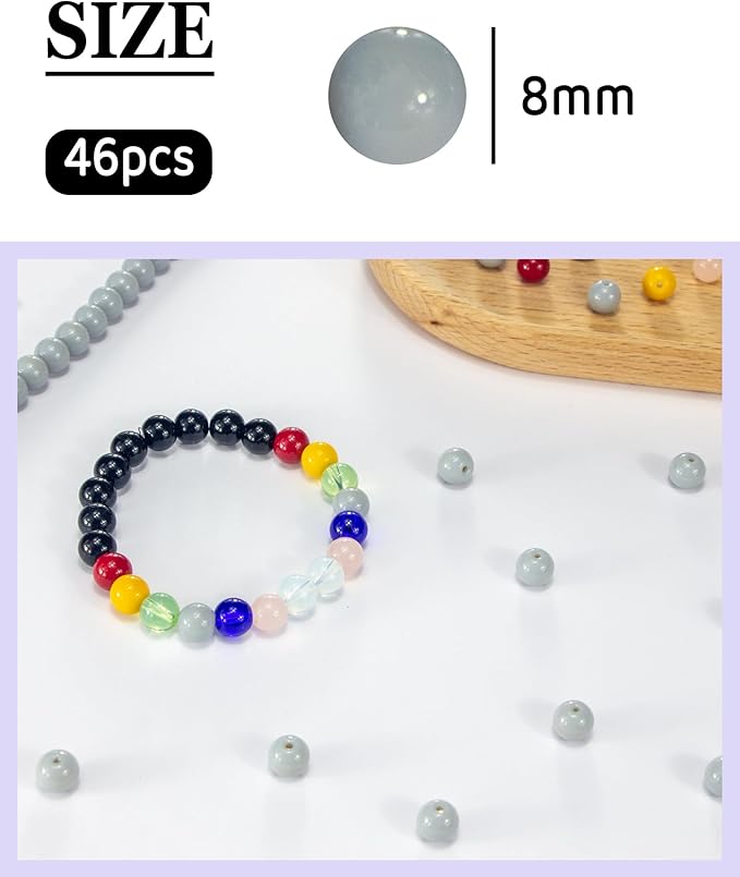 8mm Glass Beads 46PCS Glass Beads for Jewelry Making Charm Round Loose Bead for Bracelet Making Kit (Gray Glass)