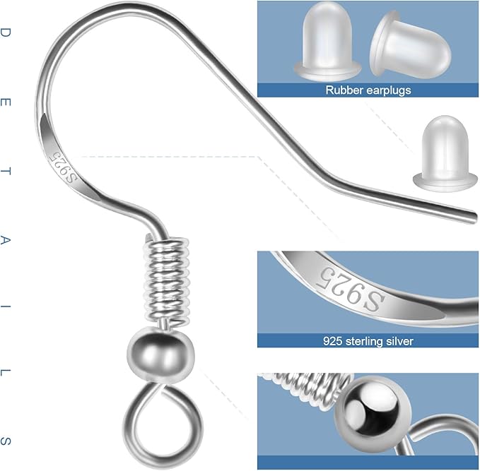 925 sterling silver earring hooks 120 pcs/60 pairs, ear wires fish hooks, hypo-allergenic jewelry findings parts with 120 pcs clear silicone earring backs