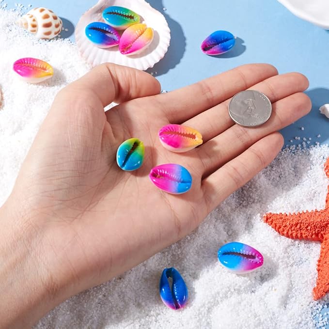 Cheriswelry 10pcs Two Tone Natural Cowrie Shell Beads Spray Painted No Hole Seashell Ocean Summer Beach Loose Spacer Beads Colorflu Charms 20~26mm for DIY Craft Bracelet Jewelry Making
