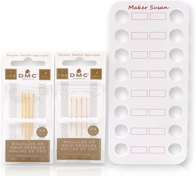 DMC Gold Embroidery Hand Needles (1-3-5-7-8-9 Bundle Pack), Large Eye Sharp End Embroidery and Cross Stitch Needles with Maker Susan Thread Organizer Card (Total 8 Needles, 1 Organizer Card)