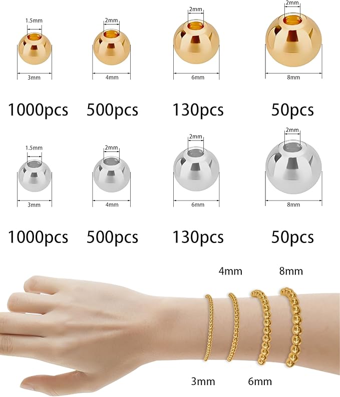 3360pcs Gold & Silver Round Spacer Beads 3/4/6/8mm 4 Size Smooth Ball Beads for Jewelry Making Metal Circle Bead for Bracelet Necklace Earring Making Supply