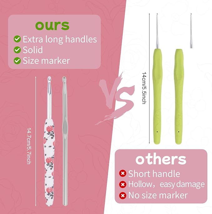 Weabetfu Crochet Hook Set 14Pcs Hand-Rubber Crochet Needles 2.25mm(B)-10mm(N) Streamline Crochet Hooks for Arthritic Hands Rose Metal Knitting Needles with Storage Case