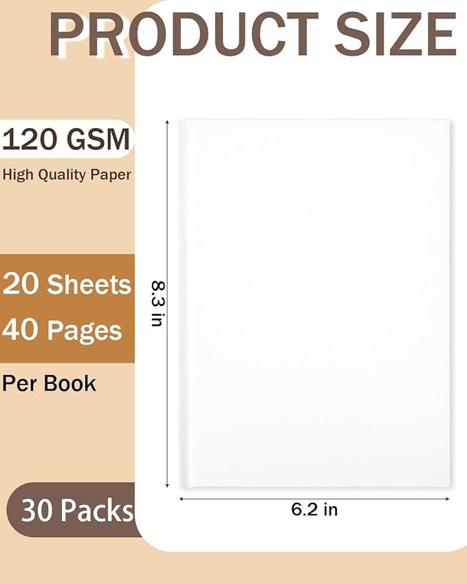 Dynta Blank Hardcover Book A5(6.2x8.3Inch), 30 Pack Blank Books for Kids to Write Stories Sketch White Hardcover Sketchbook Journal for Writing Drawing Creating, 40 Pages (20 Sheets) for Each book