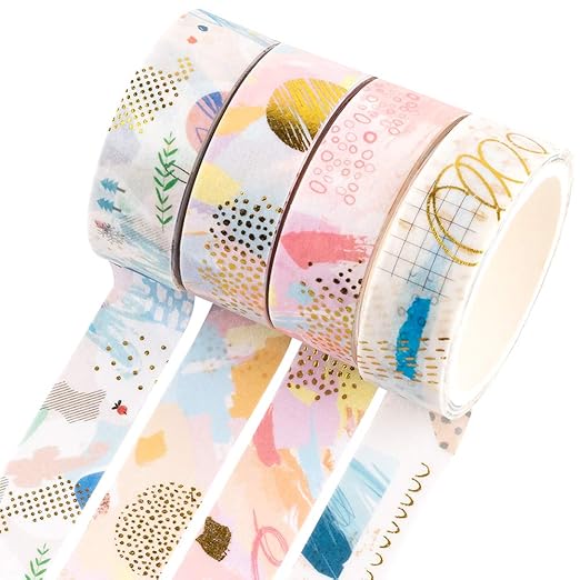 YUBBAEX Gold Washi Tape IG Style Foil Masking Tape Set Decorative for Arts, DIY Crafts, Journal Supplies, Planners, Scrapbook, Card/Gift Wrapping -4 Rolls x 15mm- (Geometric Bronzing)