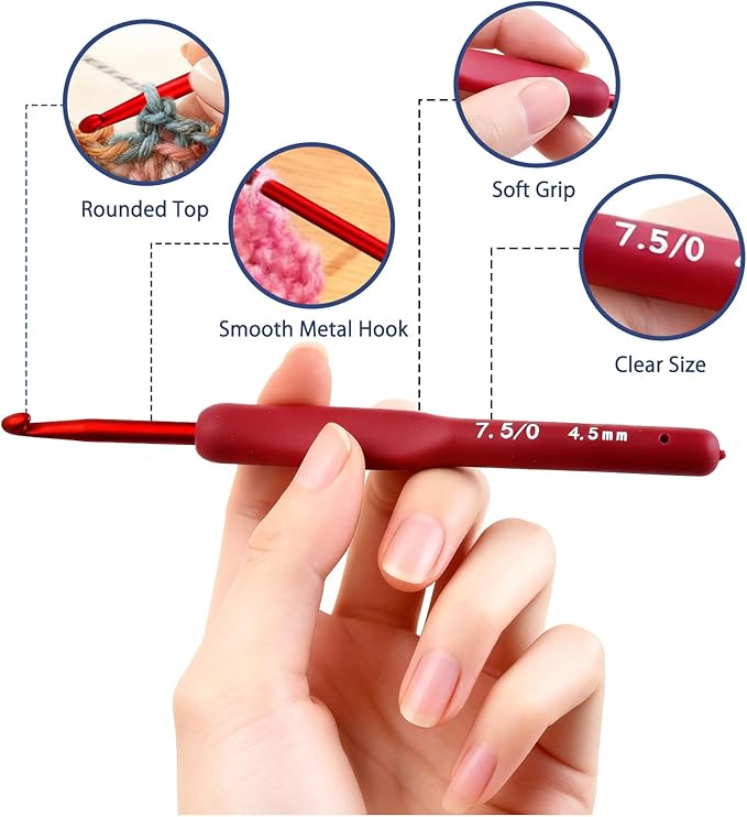 9 Sizes Crochet Hook Set,2mm-6mm Aluminum Crochet Kit for Beginners,Yarn Ergonomic Crochet Needles with Soft Grips for Arthritic Hands,Crochet Set with Small Tools,Ideal Crocheting Supplies,Red