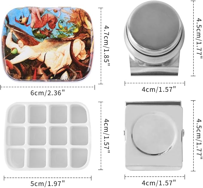 Portable Mini Tin Box 12-Well Empty Watercolor Palette Paint Mixing Tray is a Small Storage Kit with Magnetic Clip and Oil Pot,Making it Outdoor Sketching and DIY Painting.Space and Time Walk