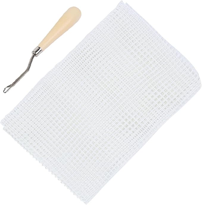 Blank Rug Hooking Mesh, Wooden Handle Crochet Mesh Fabric, Household DIY Hand Made Crocheting Carpet Rug Knitting Mesh Cloth Accessory Tools for DIY (Mesh Cloth 50cm + Wooden Handle Crochet Hook)