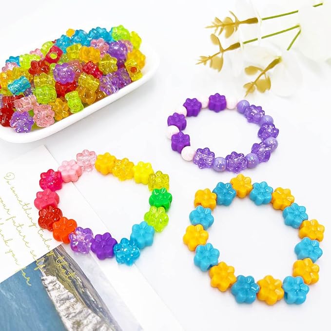 MIIIM 400 Pcs Glitter Flower Pony Beads Shapes for Friendship Bracelet, Large Hole Kandi Beads for Hair Braids, Jewelry Making (Multi-Glitter)