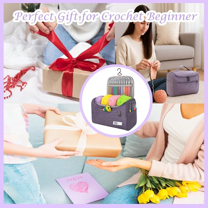 yarniss crochet kits for beginners with instruction, all-inclusive crochet set include 840 yards yarn&14 sizes crochet hooks, crocheting kit for adult with bag,purple
