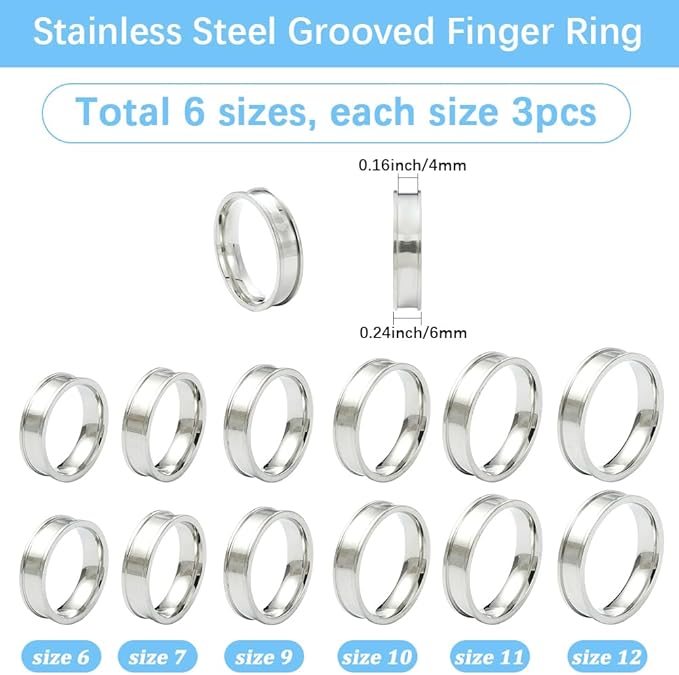 SUNNYCLUE 1 Box 6 Sizes 18Pcs Silver Inlay Rings Stainless Steel Rings Blank Kits Metal Round Empty Grooved Size 7-12 Finger Findings for Jewelry Making Crafts Necklace DIY Supplies Women Men Adults
