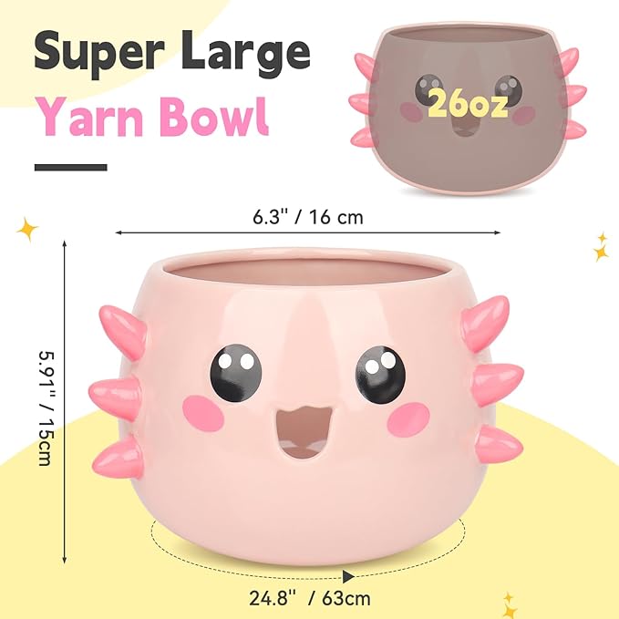 Coopay Axolotl Yarn Bowl for Crocheting/Knitting, Cute Bowl with 14 Pcs Yarn, Large Size Crochet Organizer for Beginners