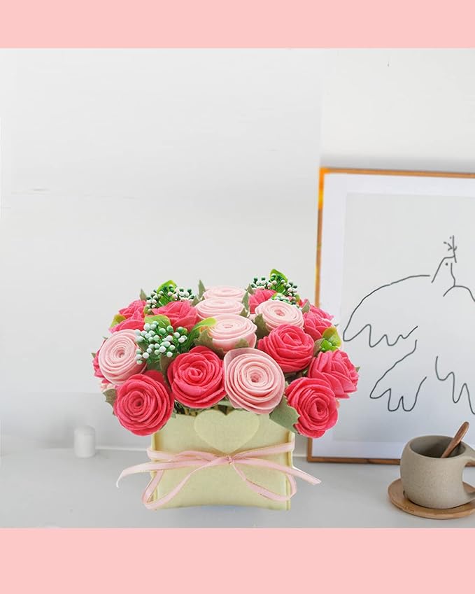 BAZIMA ALICE DIY Felt Flower Kit - Pink Rose Bouquet Kit, Floral Gifts - Arrange Pre-Cut Flowers and Foliage
