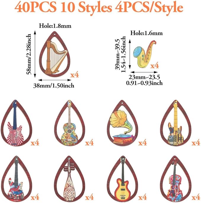 40pcs Wooden Earring Charms Big Flat Teardrop Printed Wood Musical Instrument Pendants Hollow Wood Cutouts for Necklace Keychain DIY Jewelry Craft Making