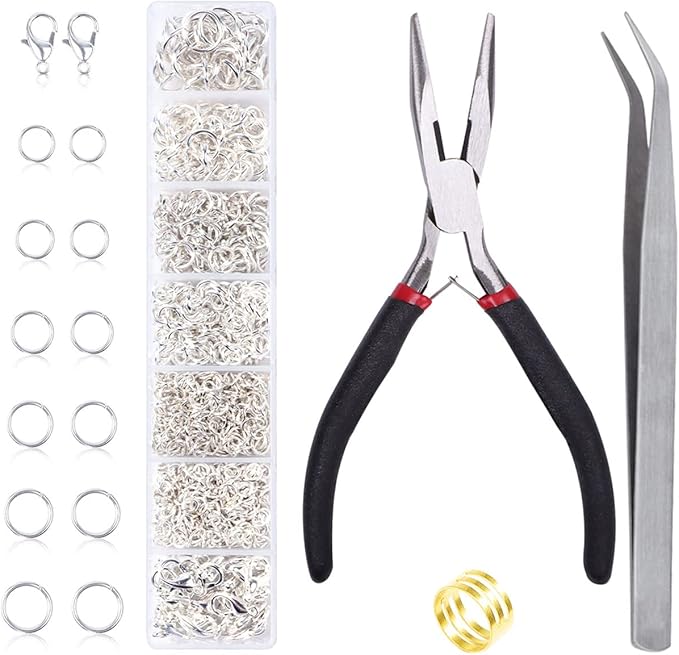 Jump Rings for Jewelry Making Kit, 1500 pcs Jewelry Repair Kit for Necklace Bracelet, Lobster Clasps and Closures Repair Supplies Kit with Pliers Tweezers-Silver