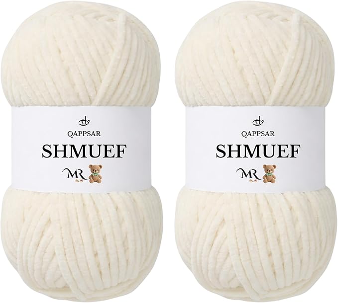 SHMUEF Chenille Yarn 2-Pack – Ultra Soft Velvet Yarn, Super Bulky Weight (5–6 mm), Yarn for Crochet, Amigurumi & Baby Blankets (Cream)