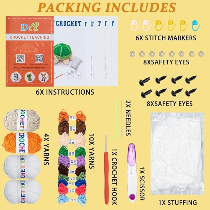 Crochet Kit for Beginners – 6 PCS Crochet Animal Kit, Knitting Beginners Kit with Step by Step Videos, Yarn, Crochet Hook, Great Birthday Holiday Gift (Knitting Kit 1)