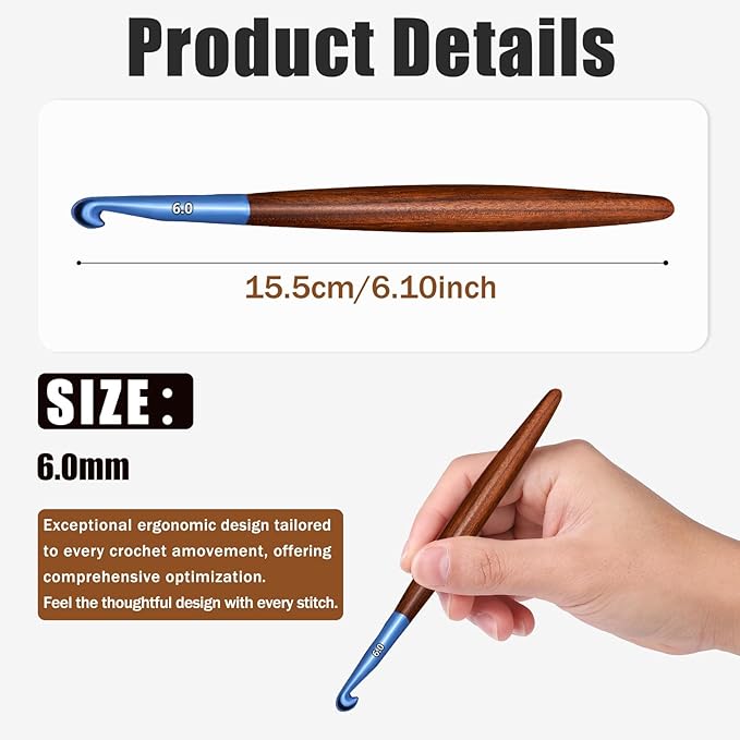 Giwrmu Crochet Hooks, 6mm Ergonomic Crochet Hook, Available in 3mm-7mm, Colored Aluminum Crochet Hook with Wooden Handle Crochet Needle for Arthritic Hands Knitted Dolls, Gloves, Sweaters, Blankets