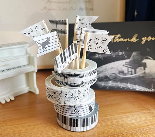 Black and White Piano Note Melody Keyboard Cat Staff Stave Score Music washi Tape Set of 4 Rolls - Decorative DIY Japanese Masking Scrapbook Notebook Planner | Length: 10m (10.93 Yards)