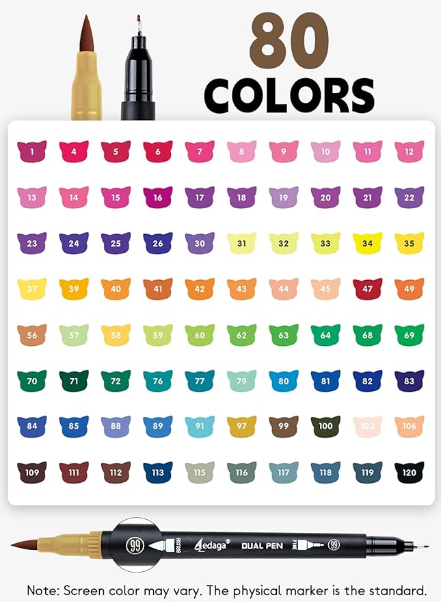 80 Colors Dual Brush Markers, Fine and Brush Tips Numbered Pens with App, for Adults, Coloring Book Bullet Journaling Note Taking Planner Hand Lettering Calligraphy Drawing Art Supplies Kit